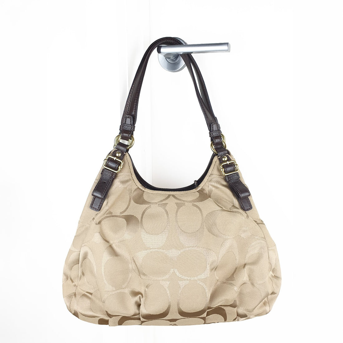 Coach Beige Signature Canvas Hobo Bag with Dark Brown Leather Trim