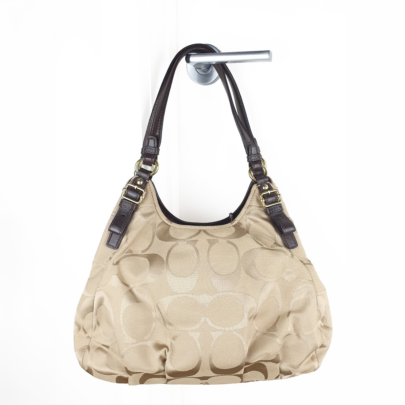 Coach Beige Signature Canvas Hobo Bag with Dark Brown Leather Trim