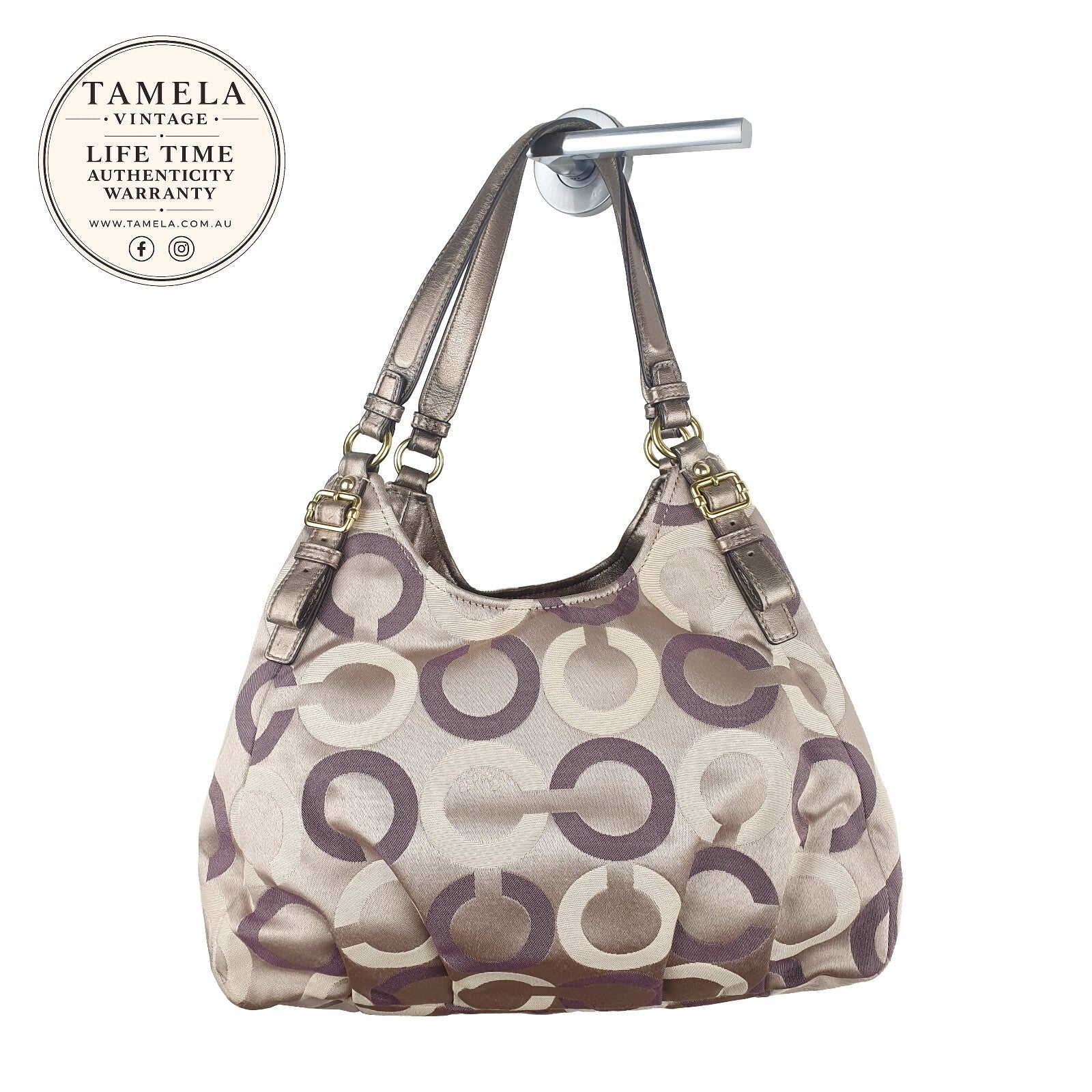 Coach Vintage Signature Circle Print Shoulder Bag with Metallic Leather Straps
