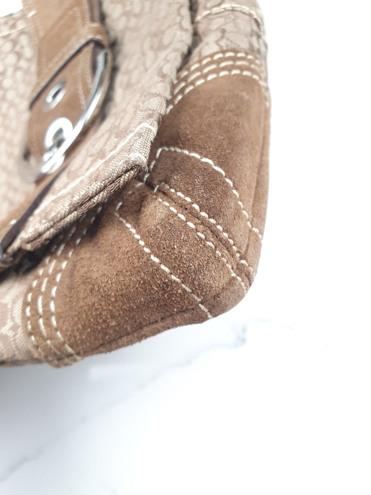 Coach Brown Signature Canvas Crossbody Bag with Suede Trim and Buckle Detail