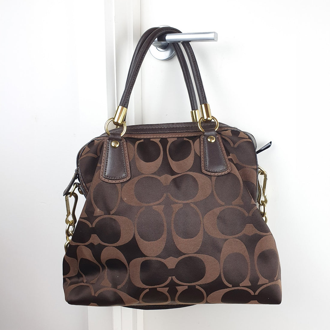 Coach Signature Brown Canvas Satchel Handbag with Leather Trim and Gold Hardware