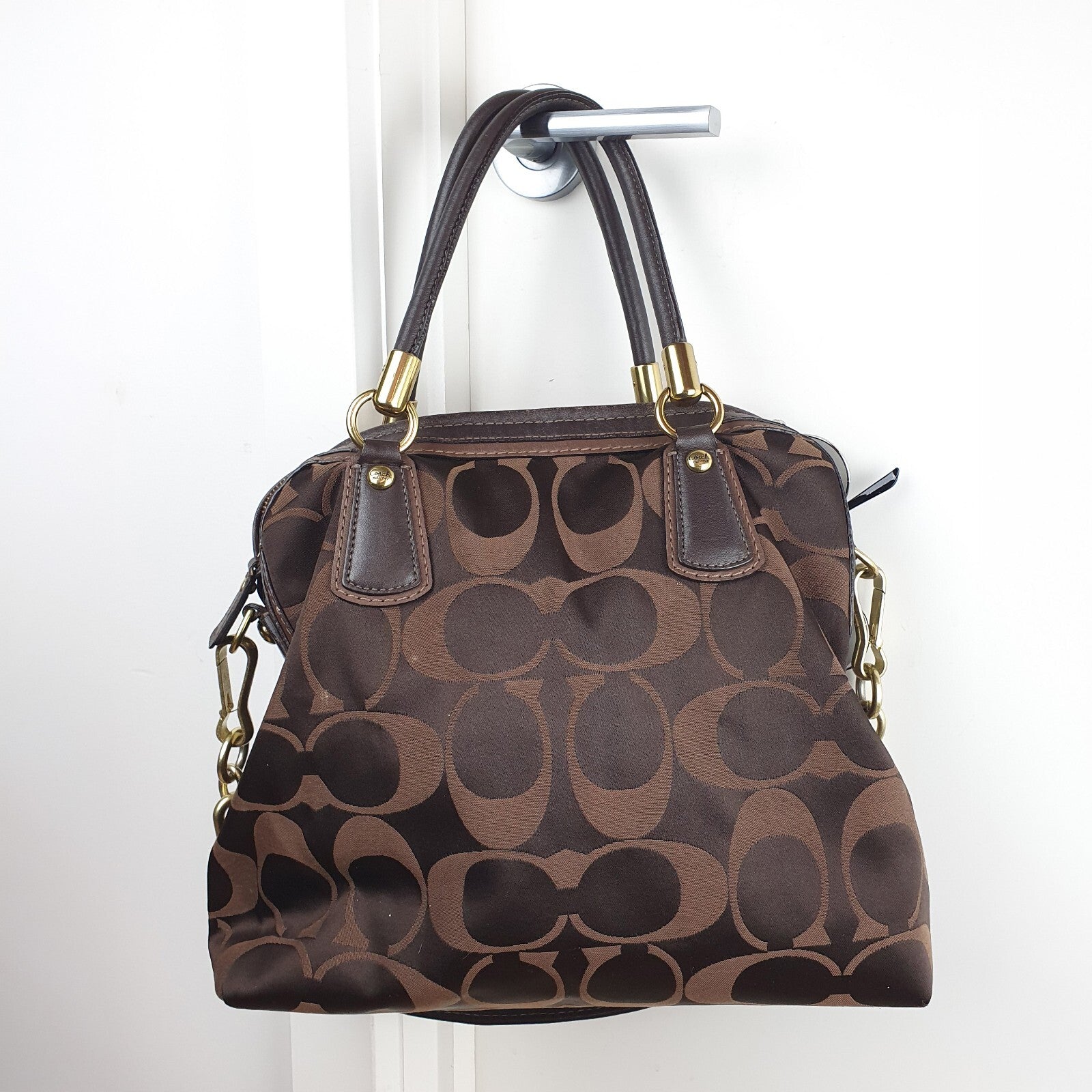 Coach Signature Brown Canvas Satchel Handbag with Leather Trim and Gold Hardware
