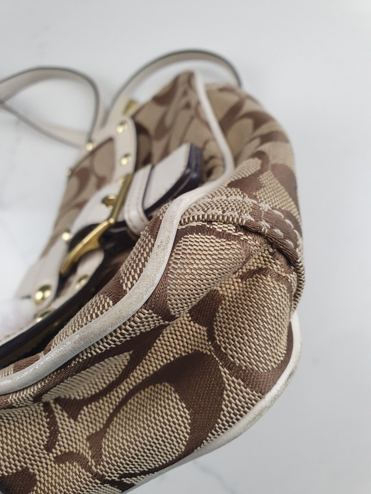 Coach Signature Canvas and Leather Shoulder Bag with Studded Detail