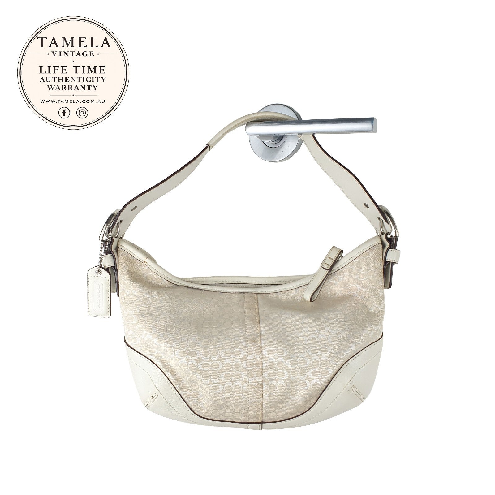 Coach Vintage Cream Signature Canvas and Leather Hobo Bag