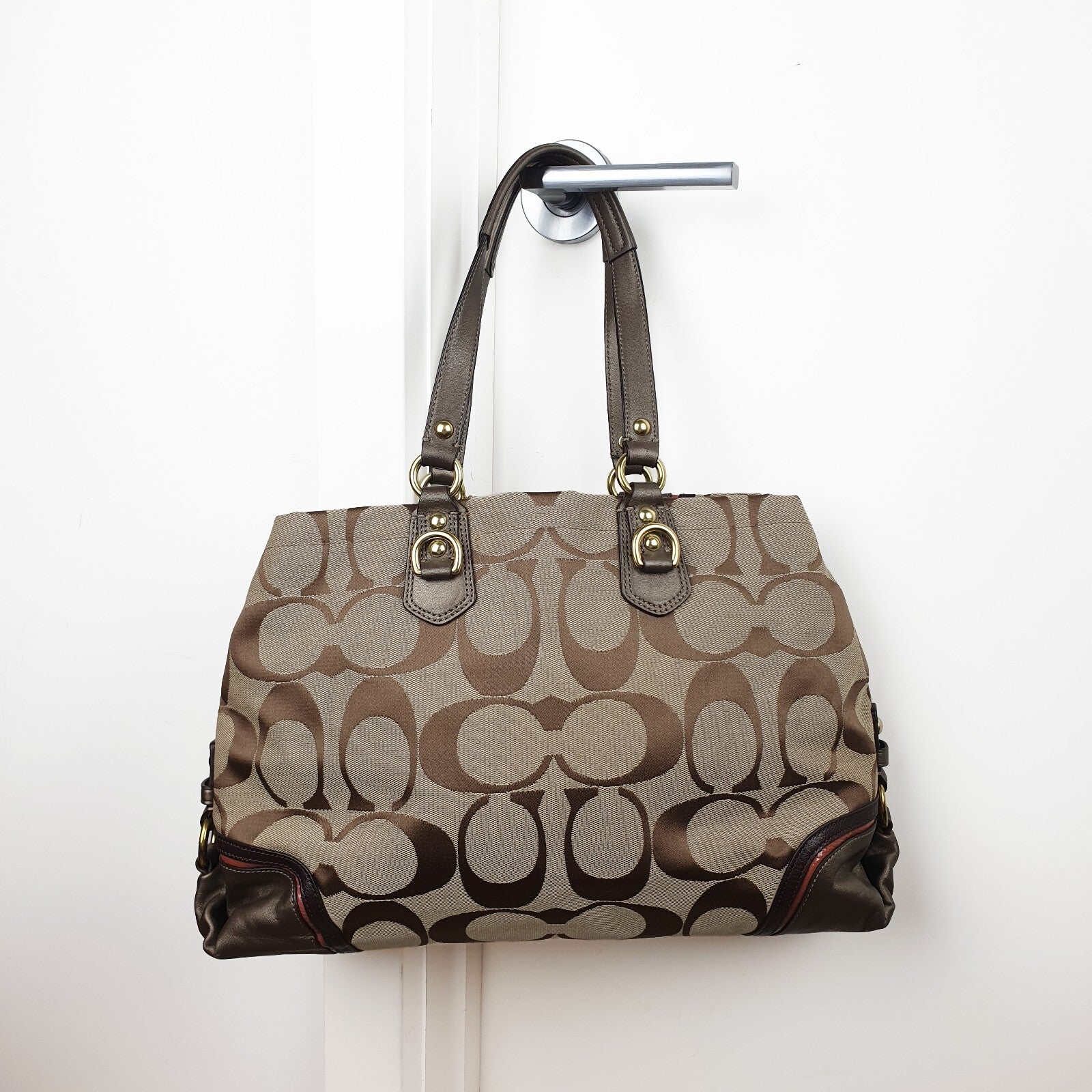 Authentic Ultra Rare Coach Ashley Khaki Rose Multi Signature Satchel Metallic