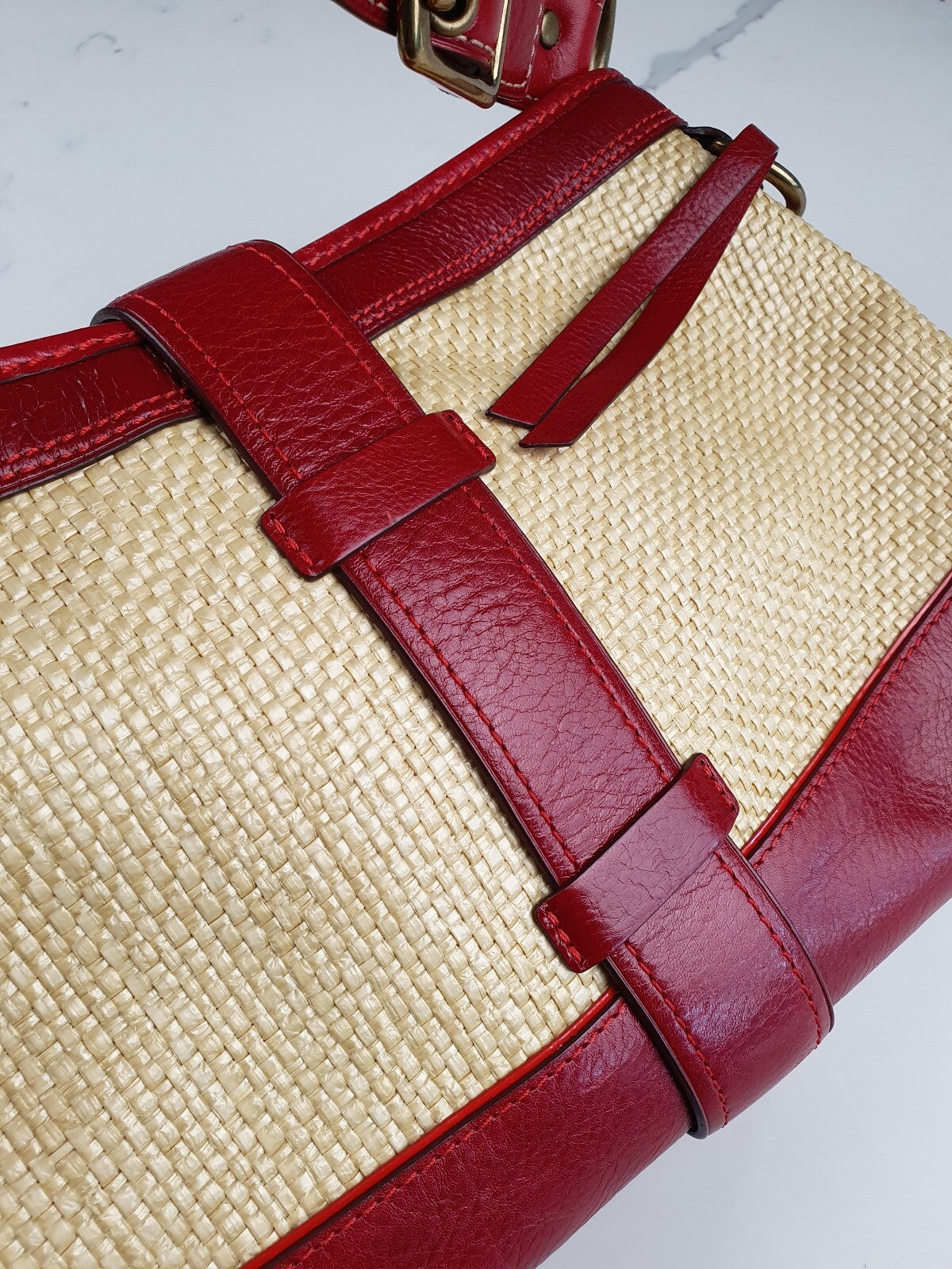 Coach Vintage Red Leather and Straw Shoulder Bag