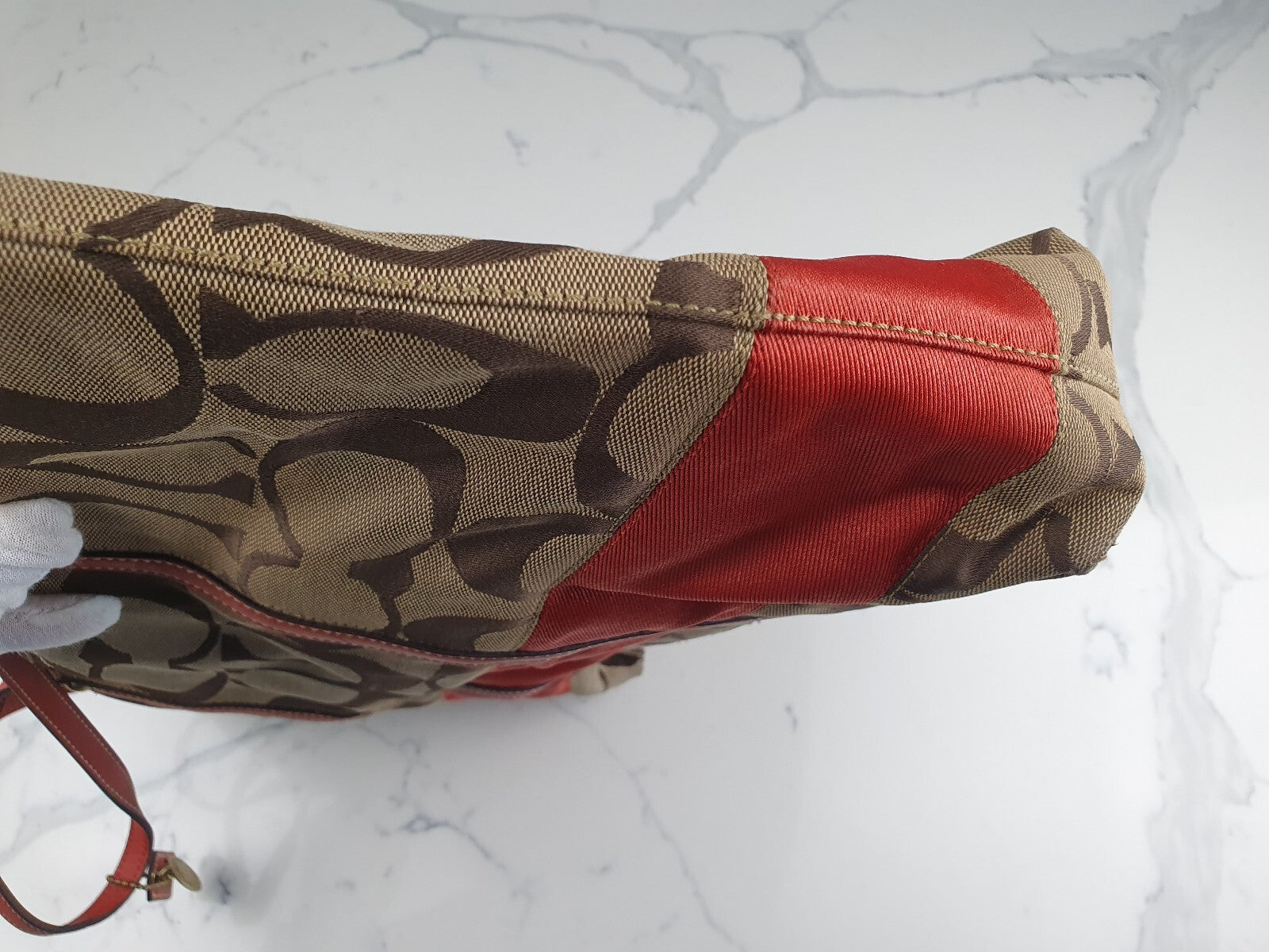 Coach Signature Canvas Tote Bag with Red Leather Trim