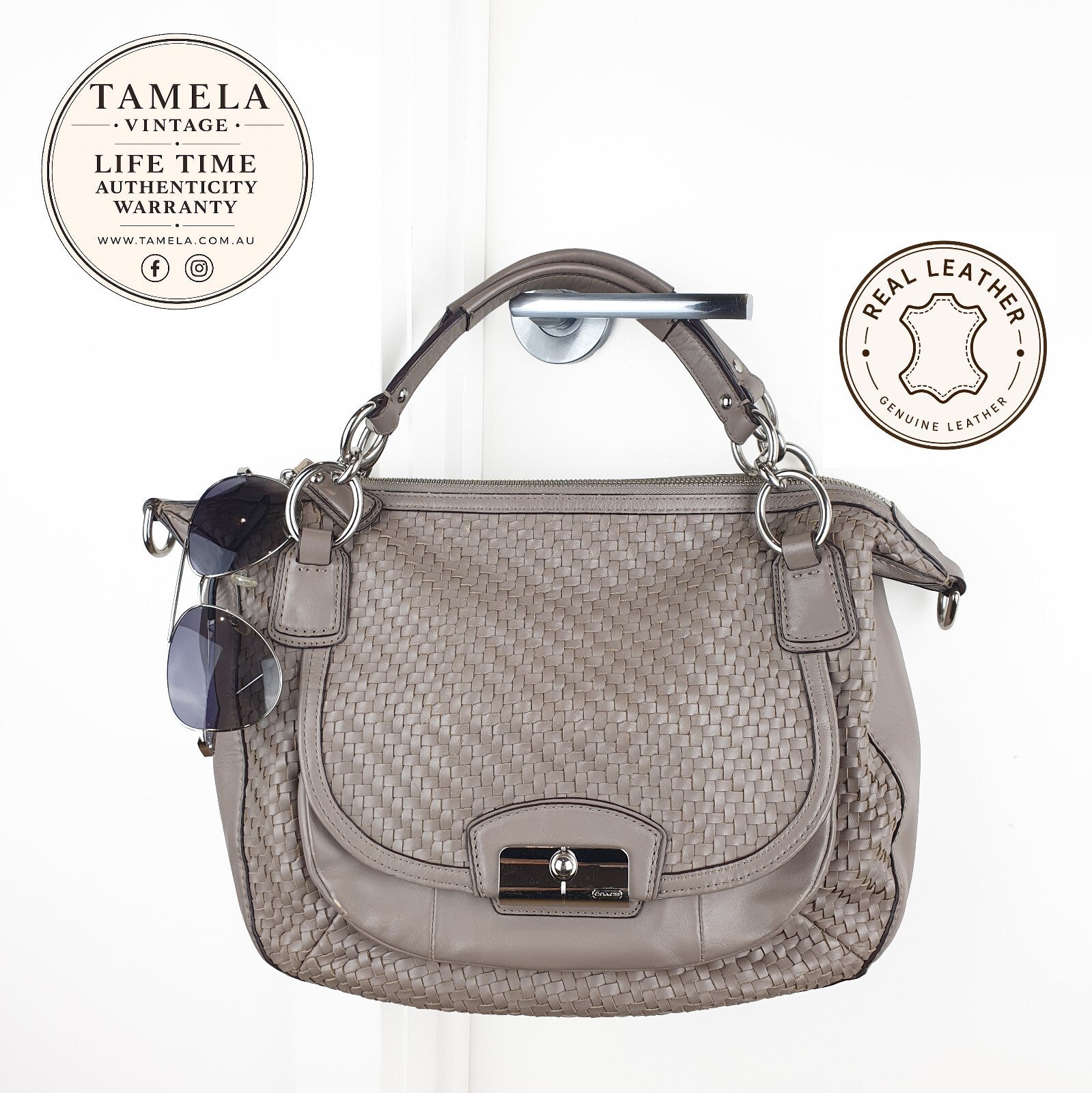 Coach Taupe Woven Leather Handbag with Silver Hardware