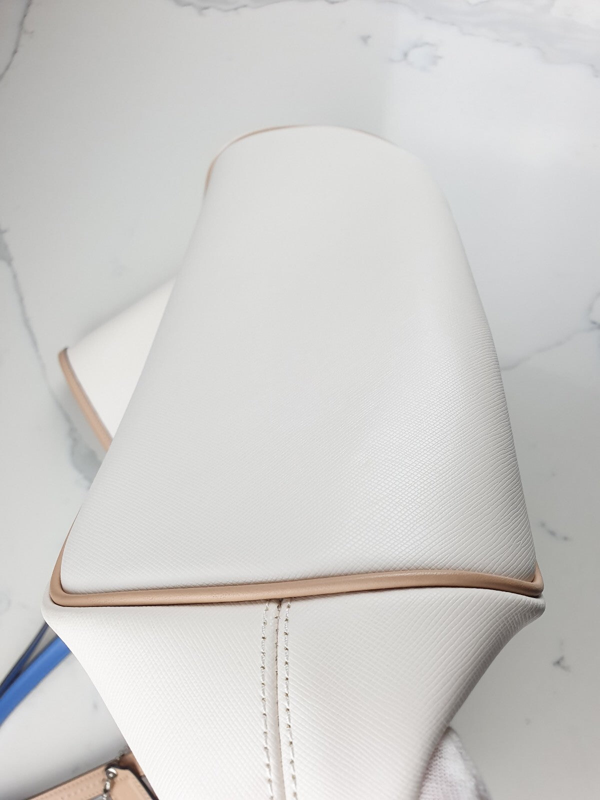 Coach Vintage White Tote Bag with Blue and Beige Handles