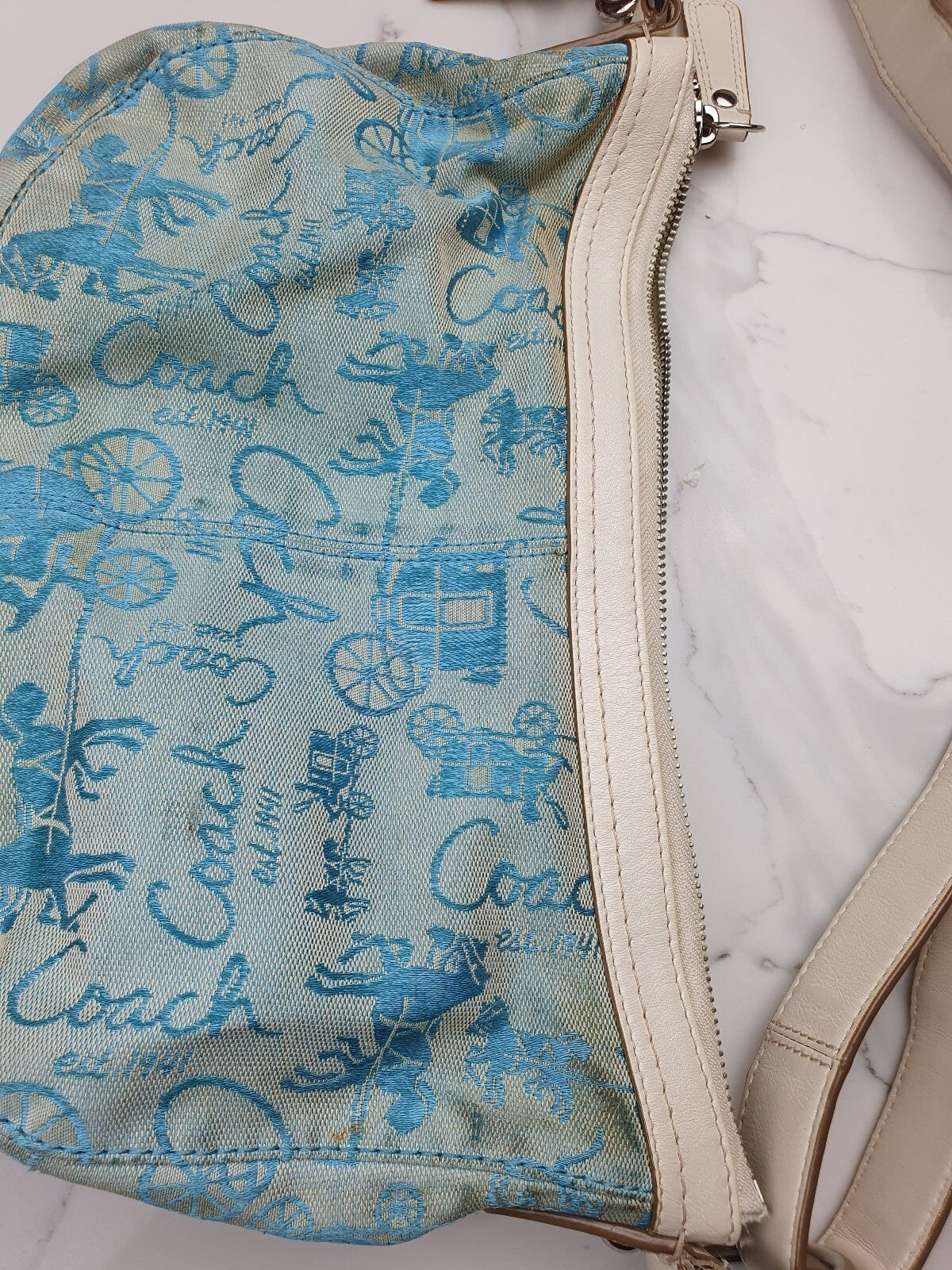 Coach Vintage Blue Canvas and White Leather Shoulder Bag