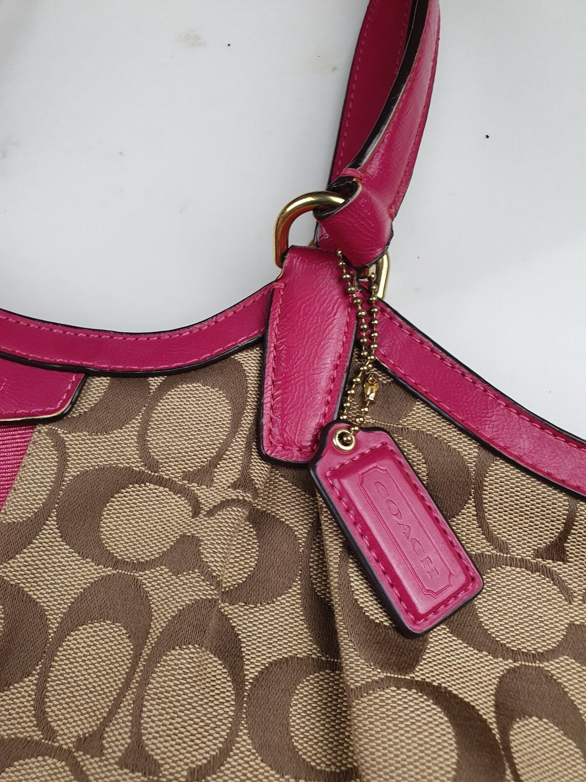 Coach Signature Canvas Tote Bag with Pink Leather Trim
