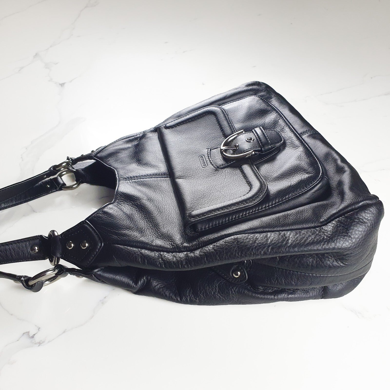 Authentic Black Coach leather hobo bag F24686 with silver hardware