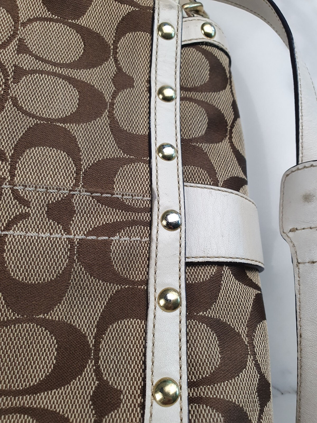 Coach Signature Canvas and Leather Shoulder Bag with Studded Detail
