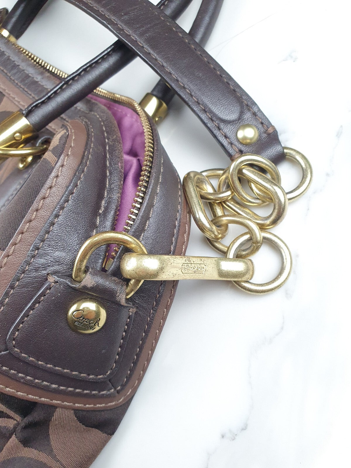Coach Signature Brown Canvas Satchel Handbag with Leather Trim and Gold Hardware