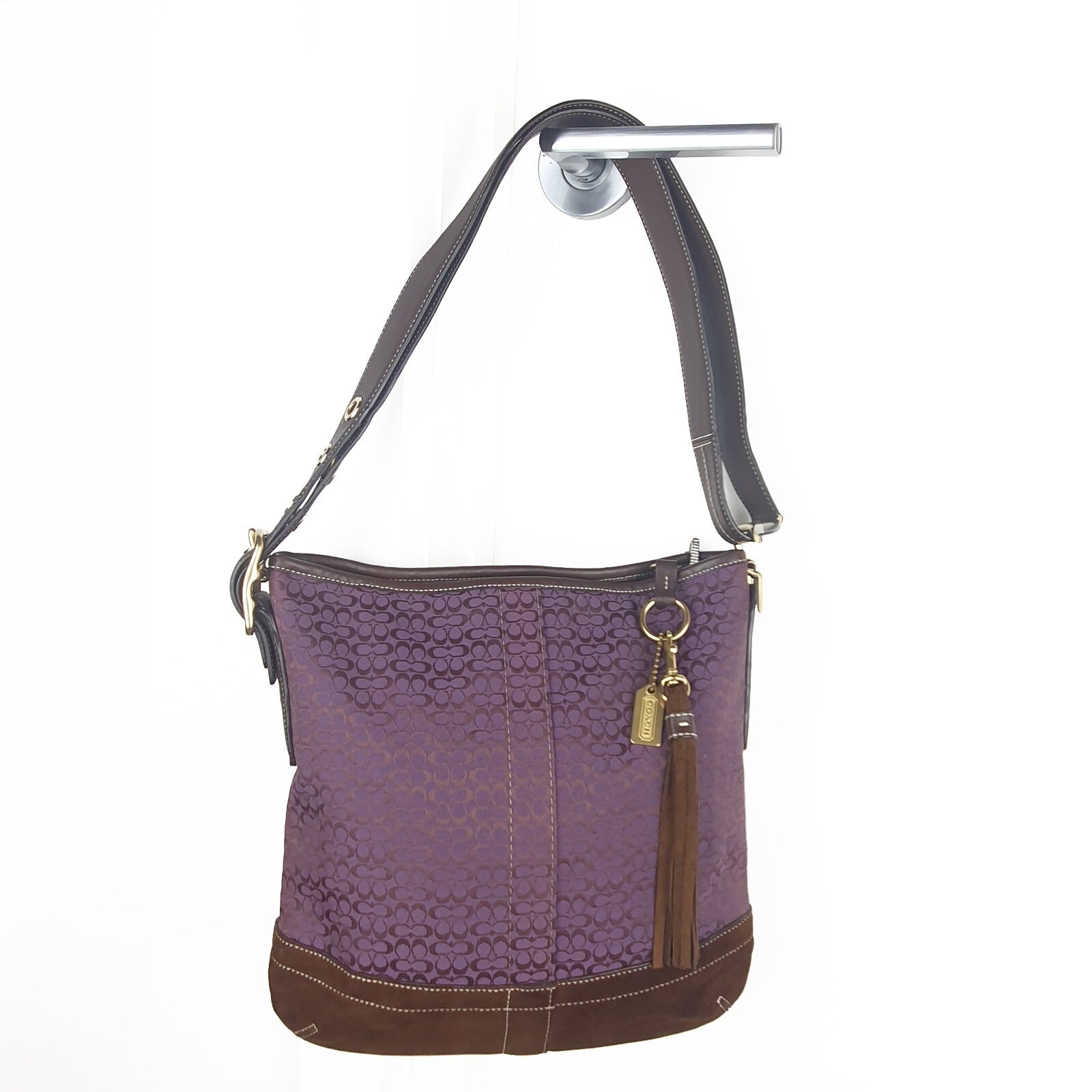 Coach Purple Signature Canvas and Brown Suede Shoulder Bag