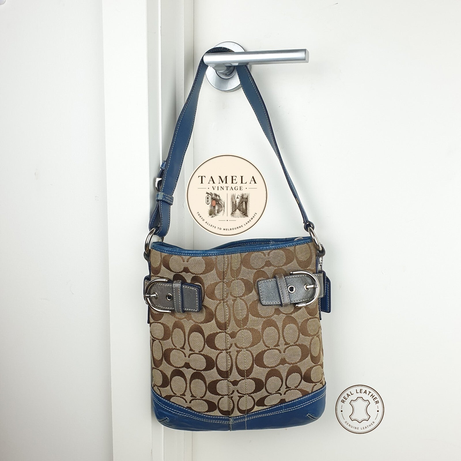Coach Brown Signature Canvas and Blue Leather Shoulder Bag