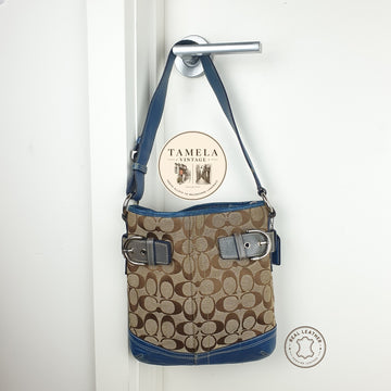 Coach Brown Signature Canvas and Blue Leather Shoulder Bag