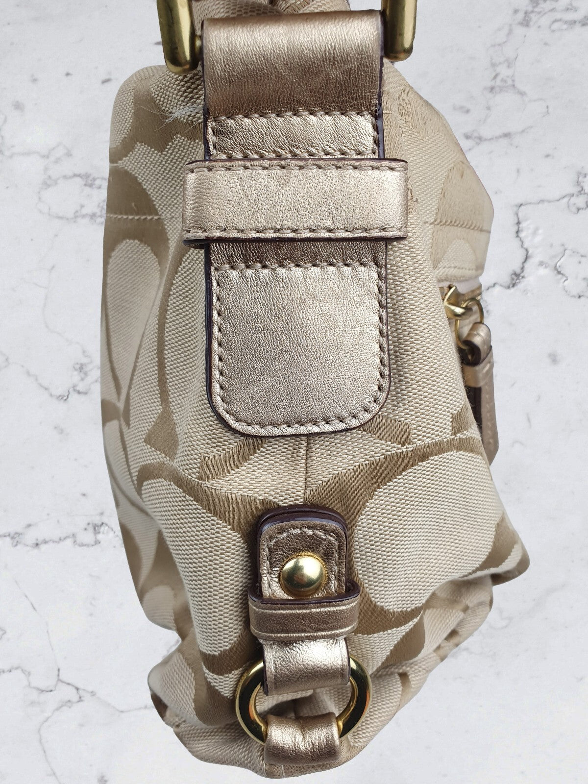 Coach Beige Signature Canvas Shoulder Bag with Gold Leather Strap
