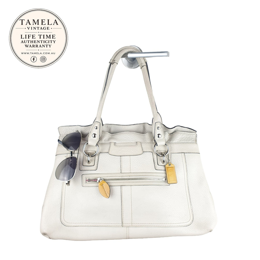 Vintage White Leather Coach Shoulder Bag with Yellow Tag
