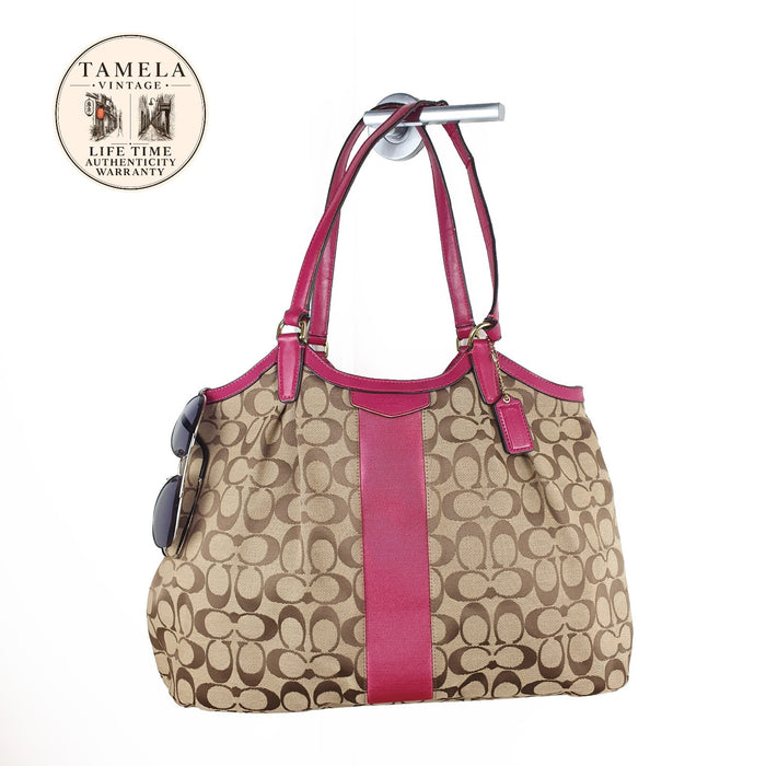 Coach Signature Canvas Tote Bag with Pink Leather Trim