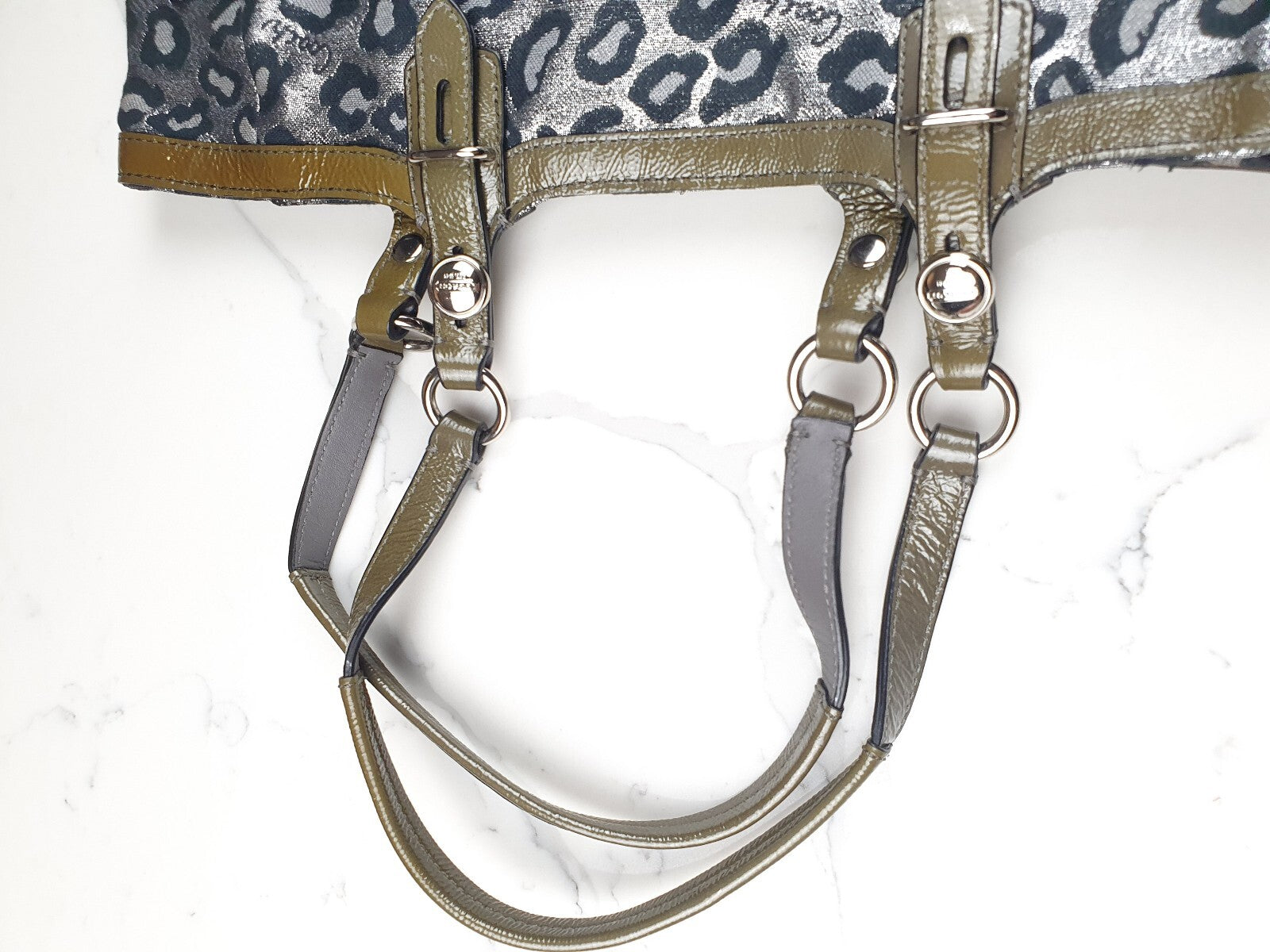 Coach Metallic Leopard Print Tote Bag with Olive Patent Leather Trim