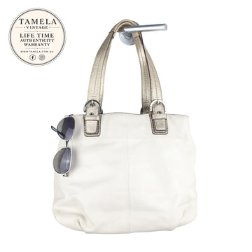 Coach White Leather Tote Bag with Metallic Gold Handles