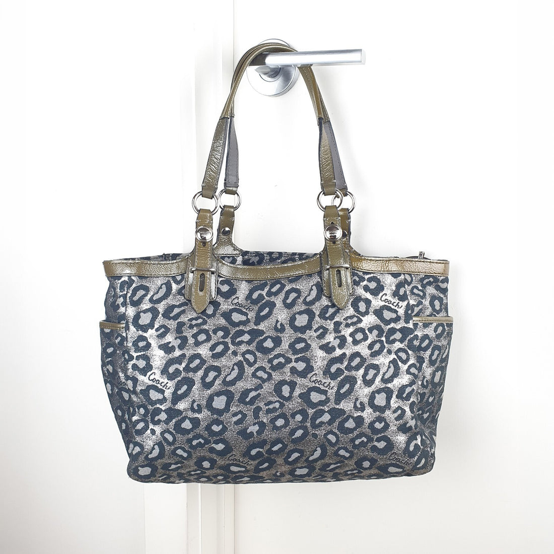 Coach Metallic Leopard Print Tote Bag with Olive Patent Leather Trim