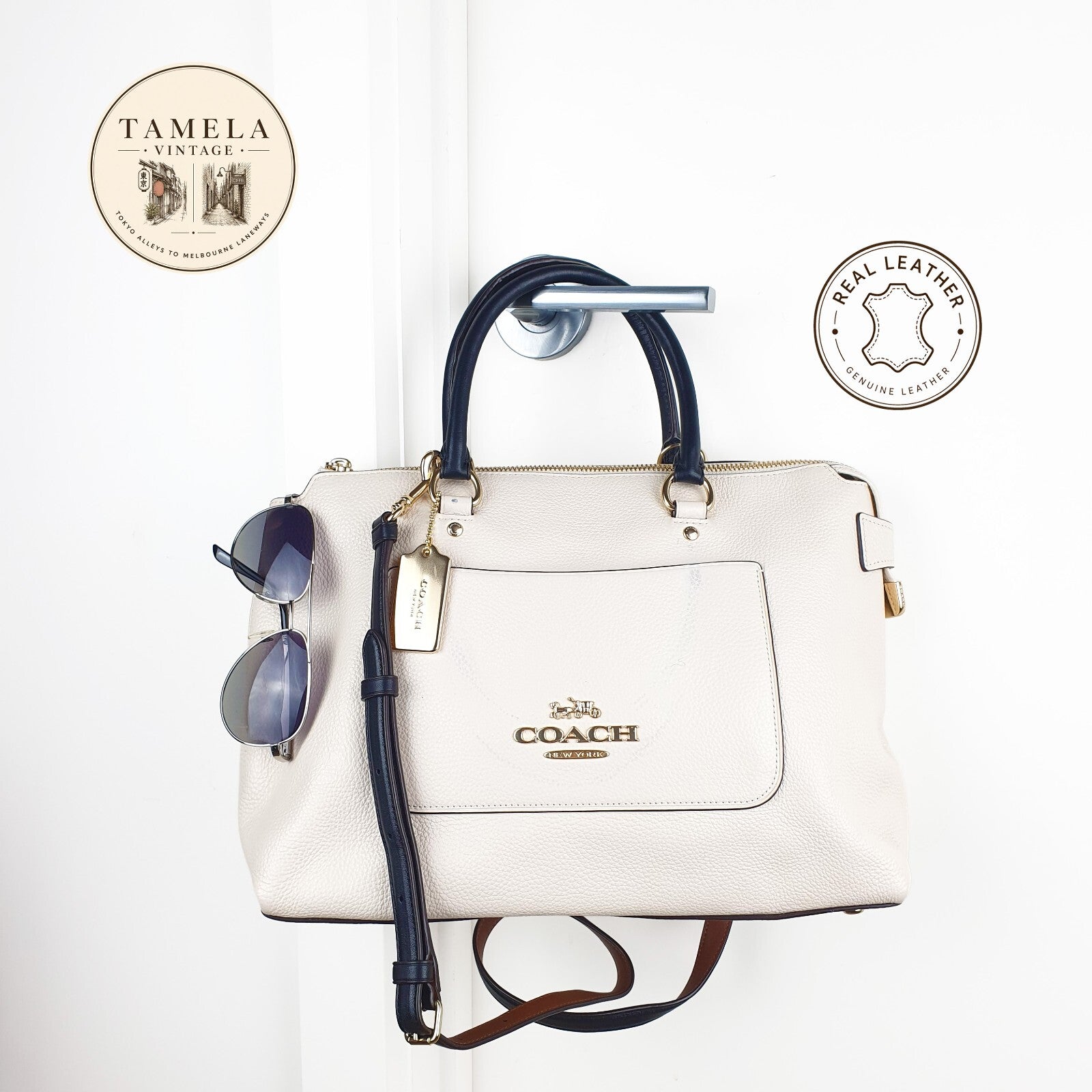 Coach Two-Tone Leather Satchel Handbag in Cream and Black