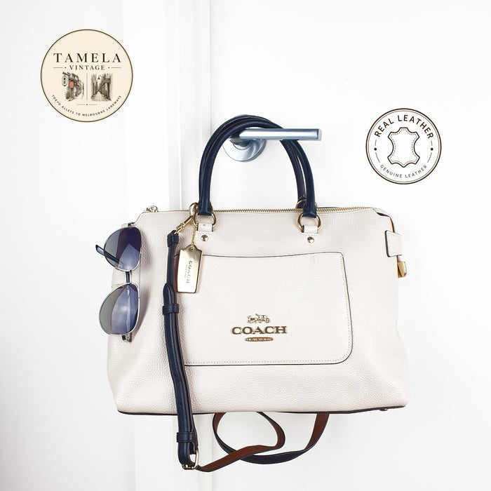 Coach Two-Tone Leather Satchel Handbag in Cream and Black