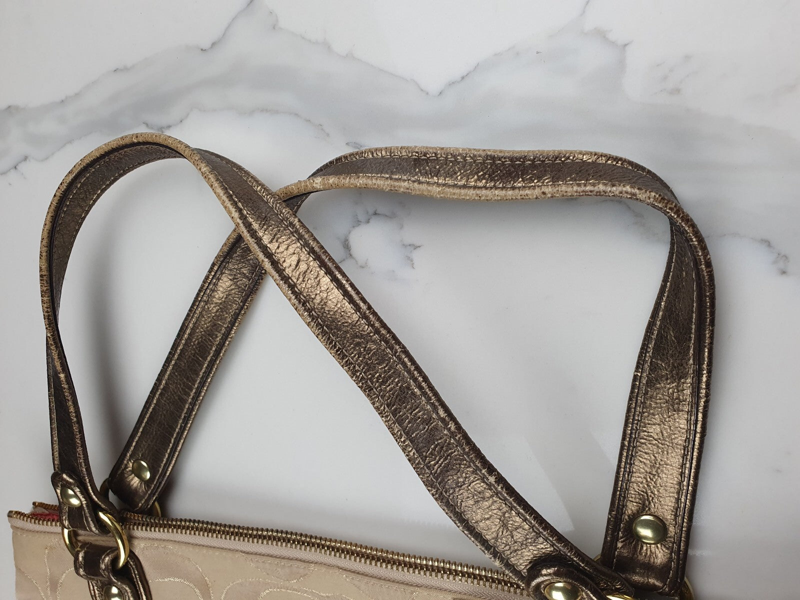 Coach Beige Signature Jacquard Tote Bag with Metallic Leather Handles