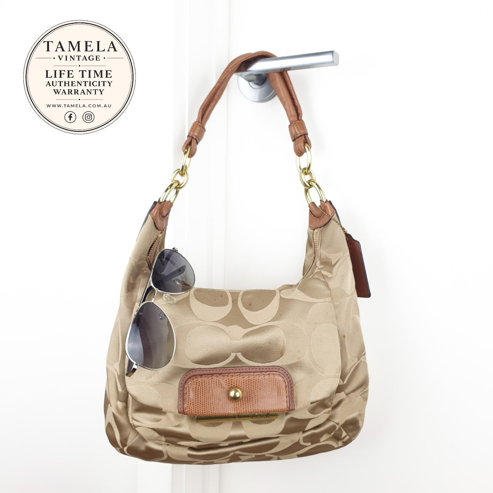 Coach Beige Signature Jacquard Shoulder Bag with Leather Trim
