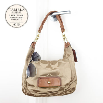 Coach Beige Signature Jacquard Shoulder Bag with Leather Trim