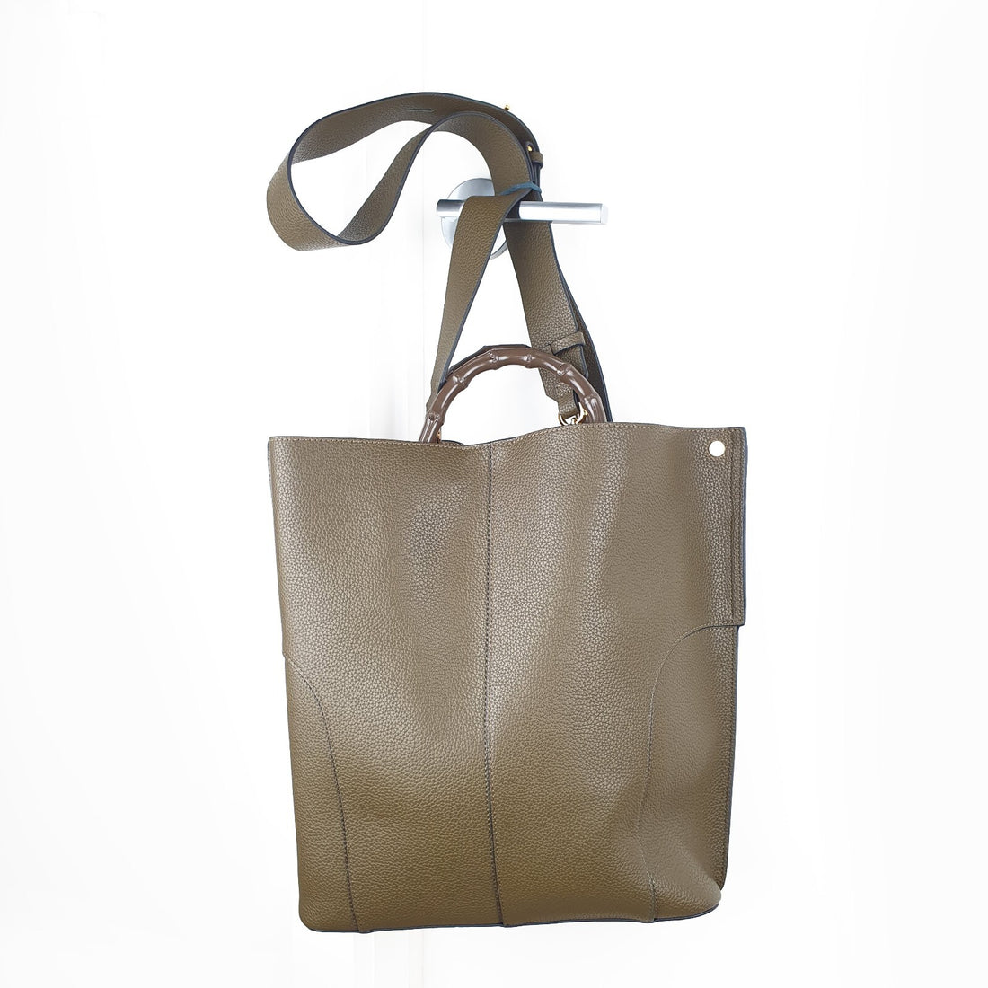 EPOR Textured Vegan Leather Handbag with Bamboo Handles and Adjustable Strap