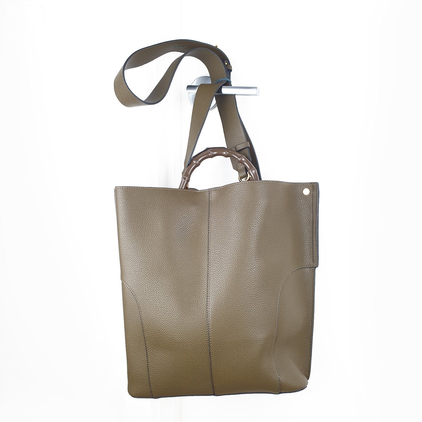 EPOR Textured Vegan Leather Handbag with Bamboo Handles and Adjustable Strap