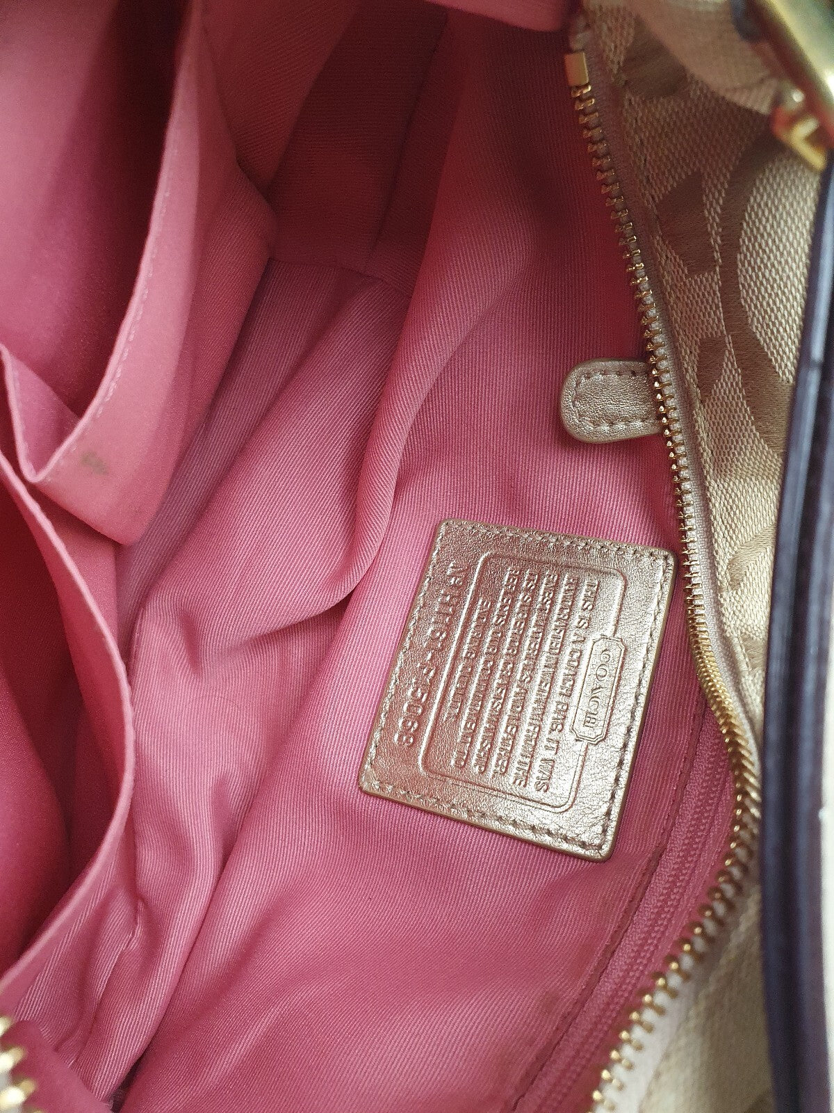 Coach Beige Signature Canvas Shoulder Bag with Gold Leather Strap
