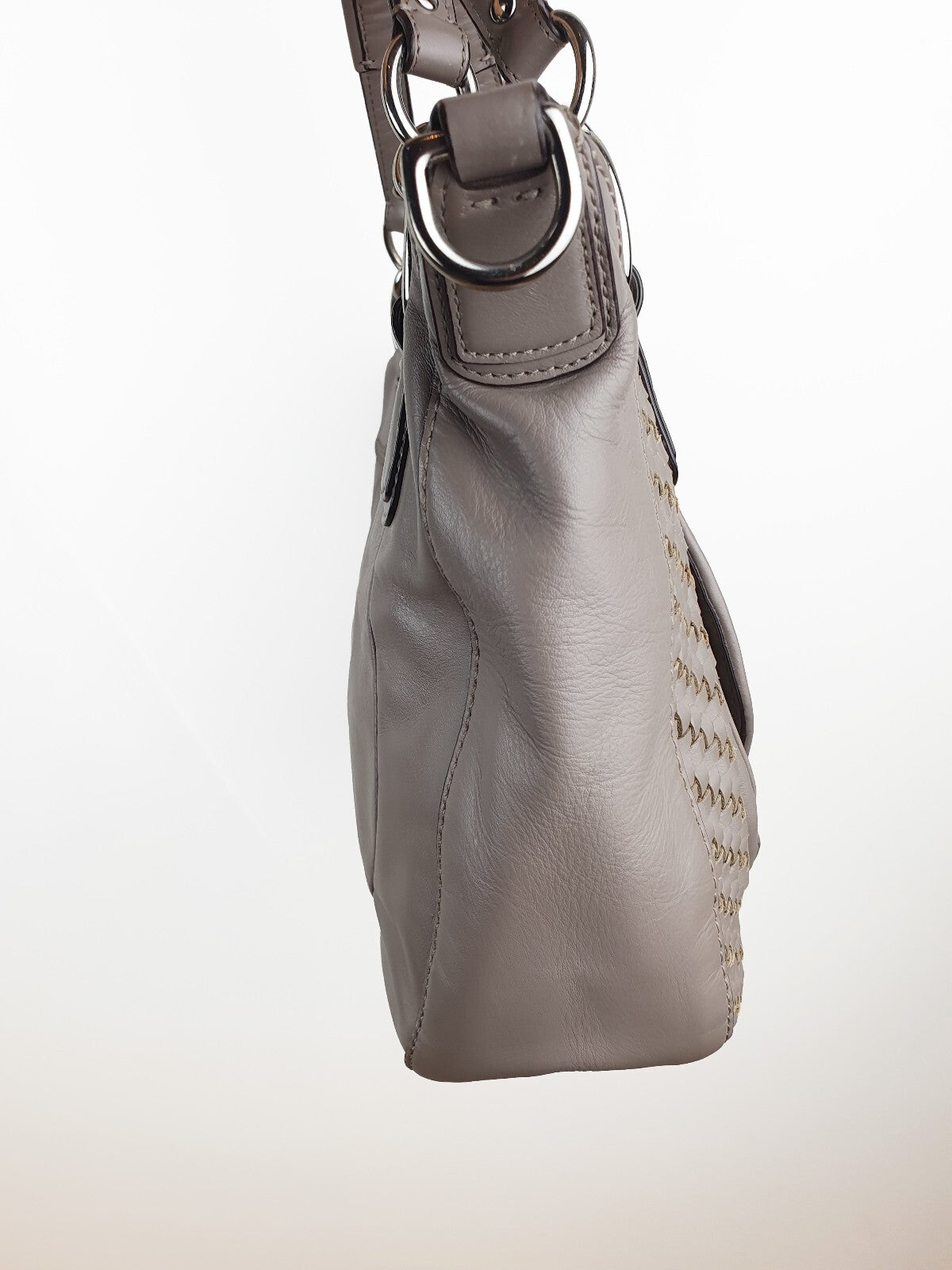 Coach Taupe Woven Leather Handbag with Silver Hardware