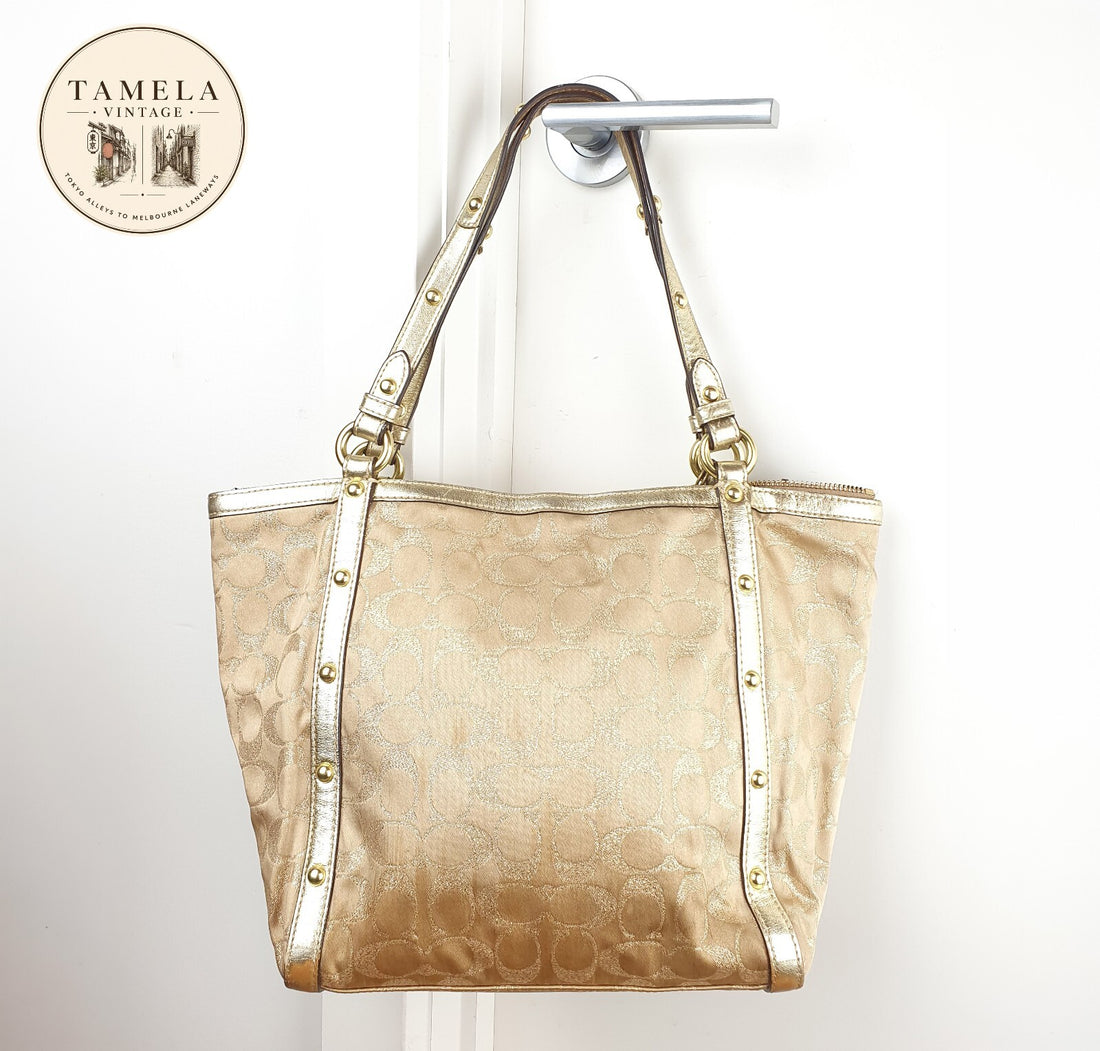 Coach Beige Signature Canvas Tote Bag with Gold Leather Trim