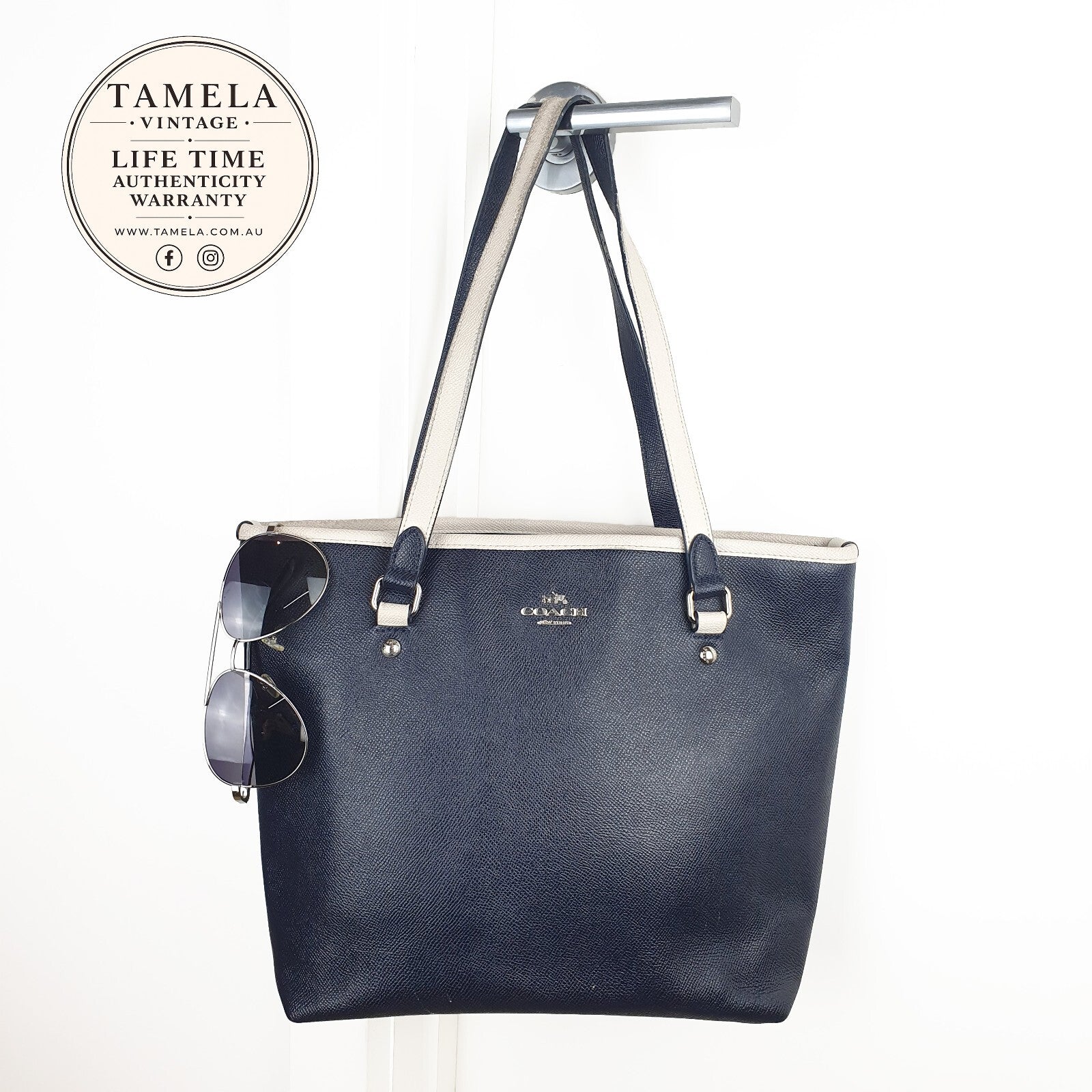 Coach Navy Blue and Cream Leather Tote Bag