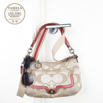 Coach Beige Signature Canvas Shoulder Bag with Coral Leather Trim
