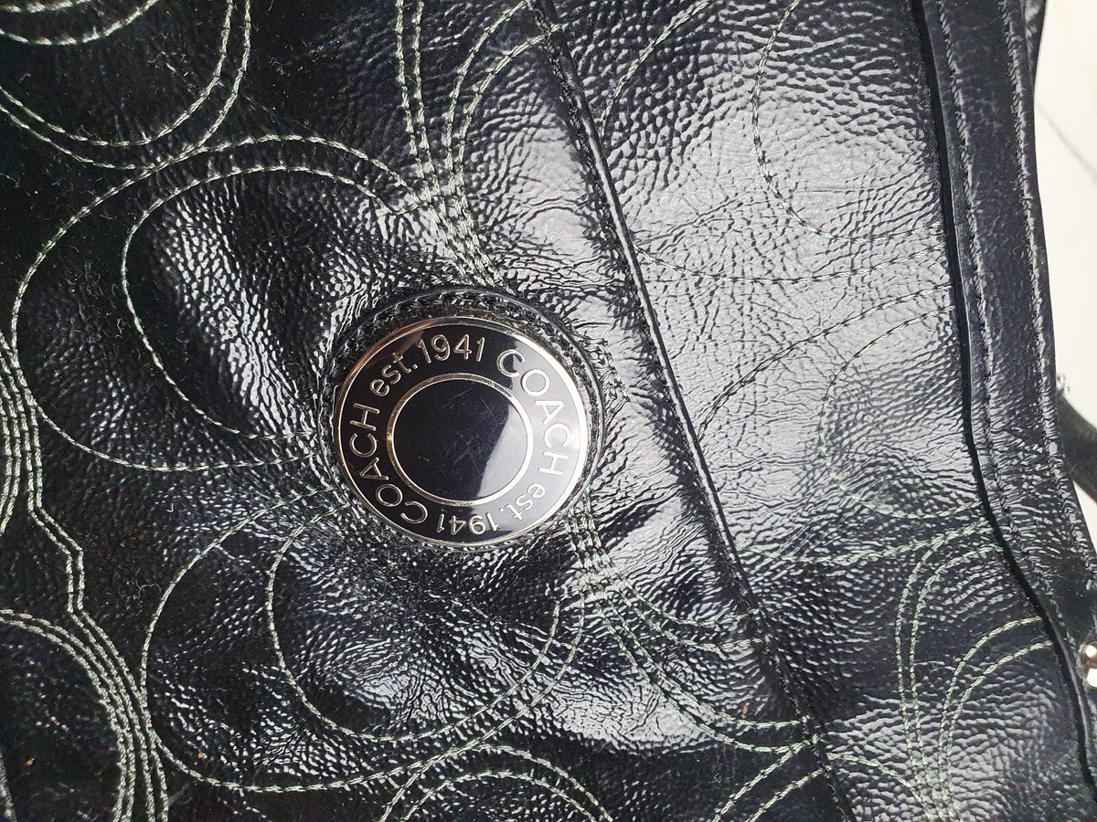 Large Vintage Coach Black Leather Signature Tote Shoulder Bag