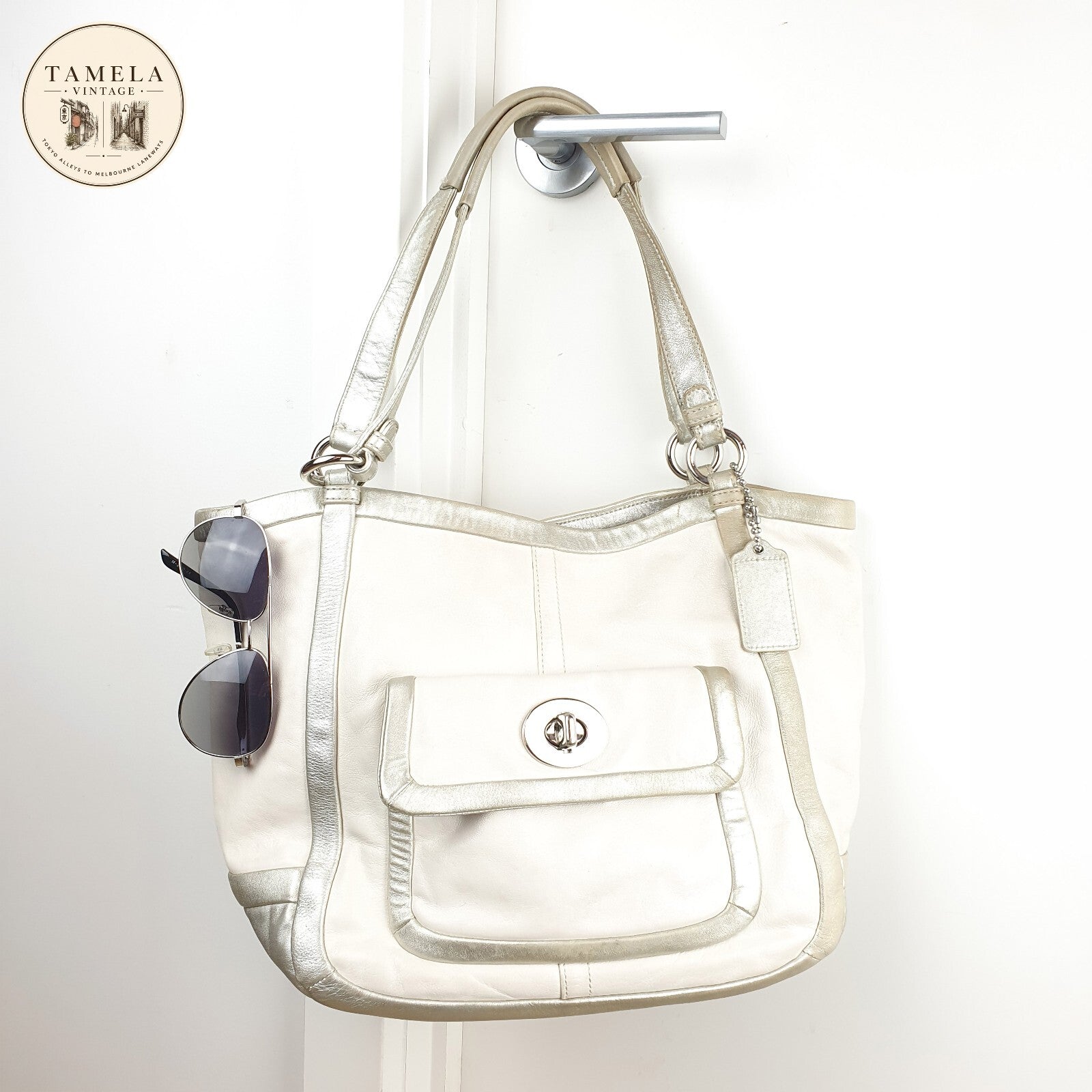 White and Silver Genuine Leather Shoulder Bag