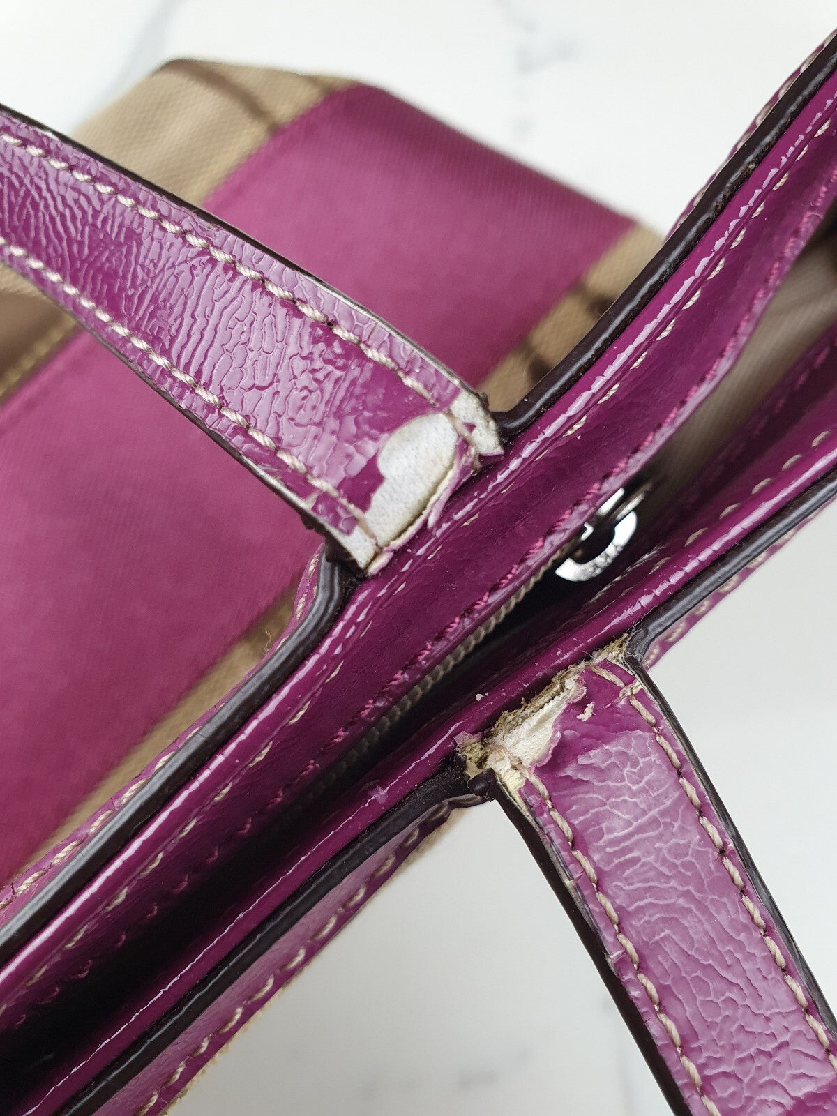 Coach Vintage Signature Canvas Tote Bag with Purple Leather Trim