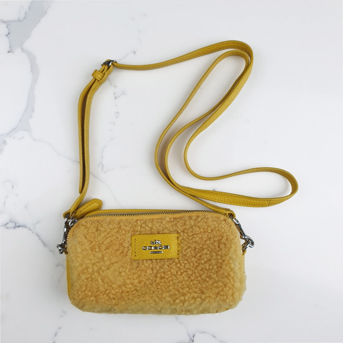 Very Rare Coach Yellow Shearling and Leather Crossbody Bag