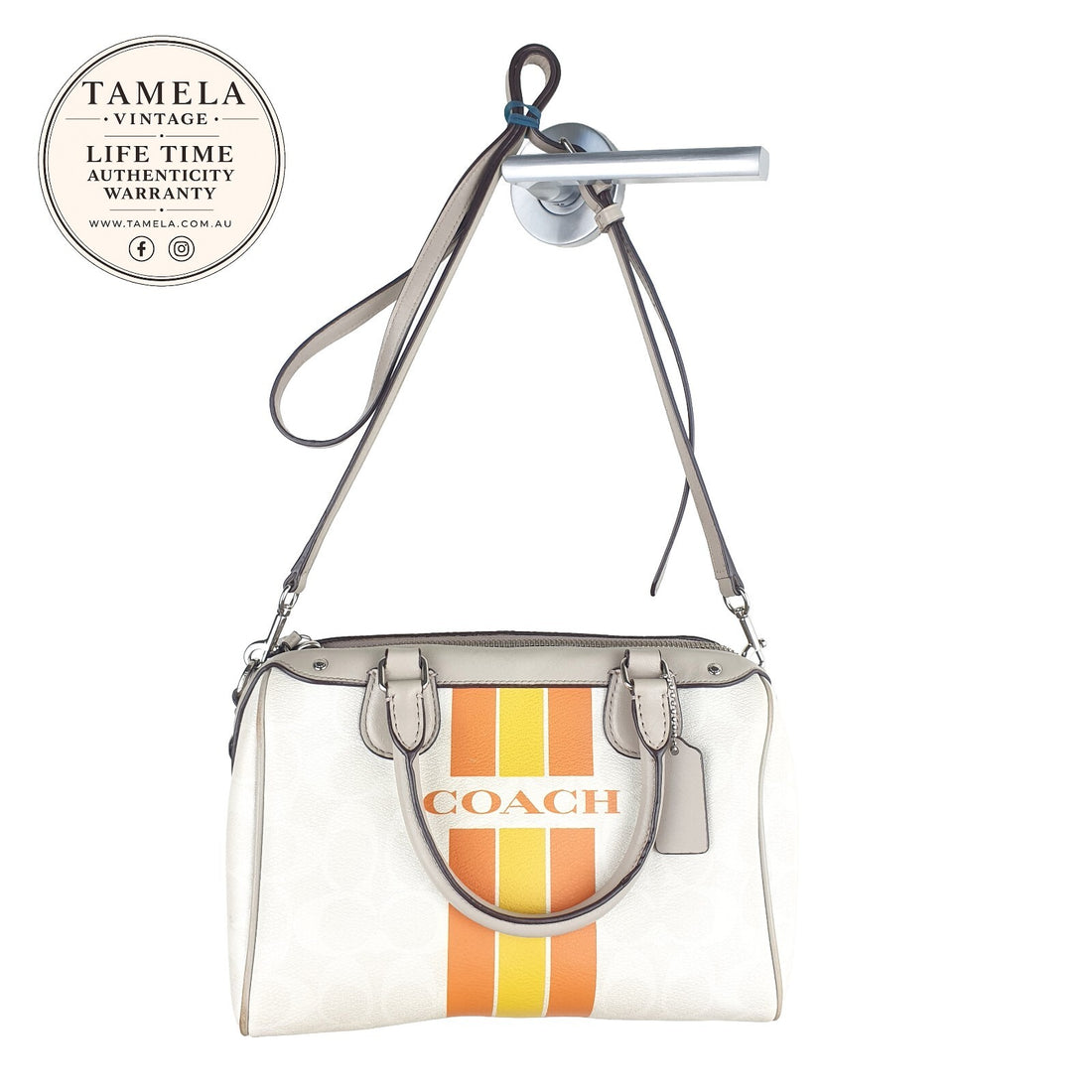 Coach Vintage White Leather Handbag with Orange and Yellow Stripe Detail