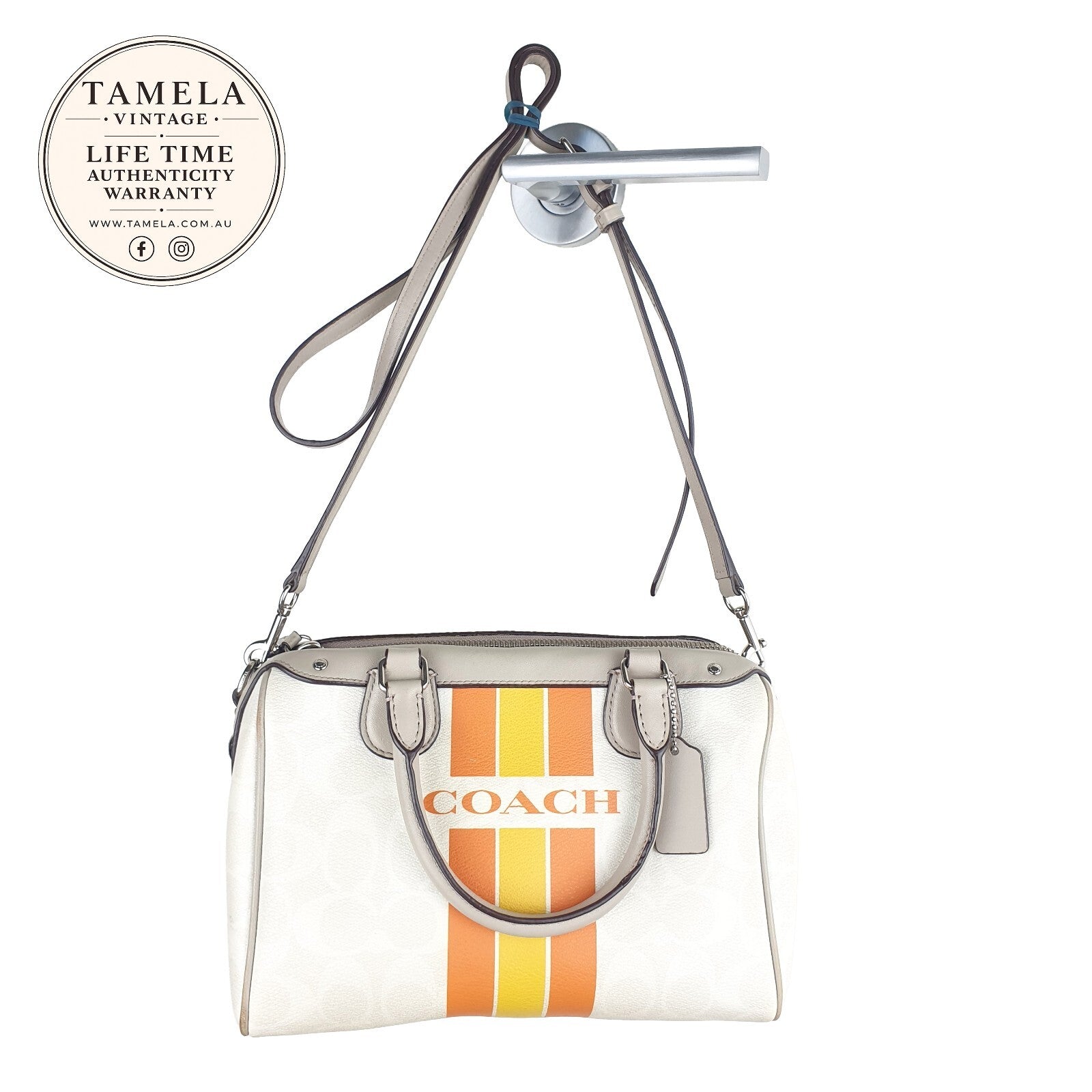 Coach Vintage White Leather Handbag with Orange and Yellow Stripe Detail