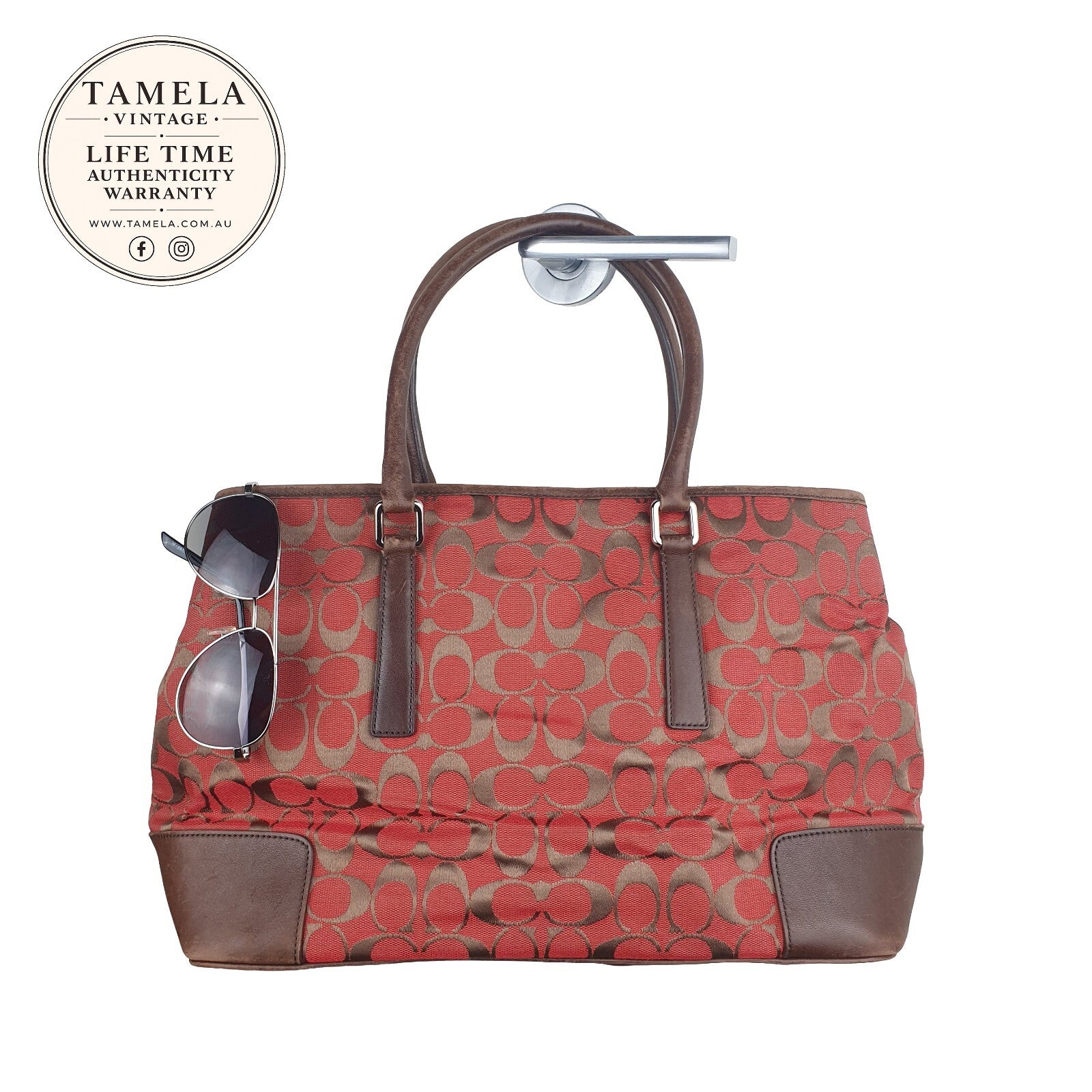 Vintage Coach Red and Brown Signature Canvas Tote Bag