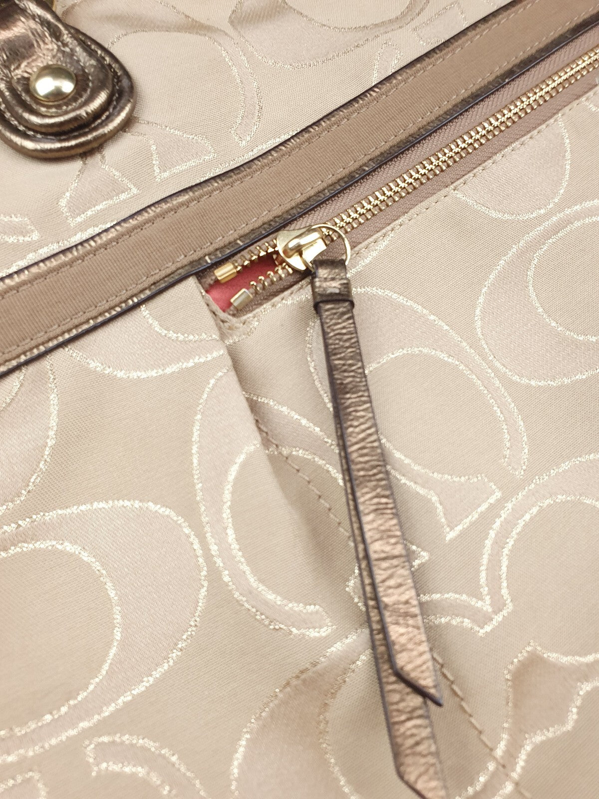 Coach Beige Signature Jacquard Tote Bag with Metallic Leather Handles