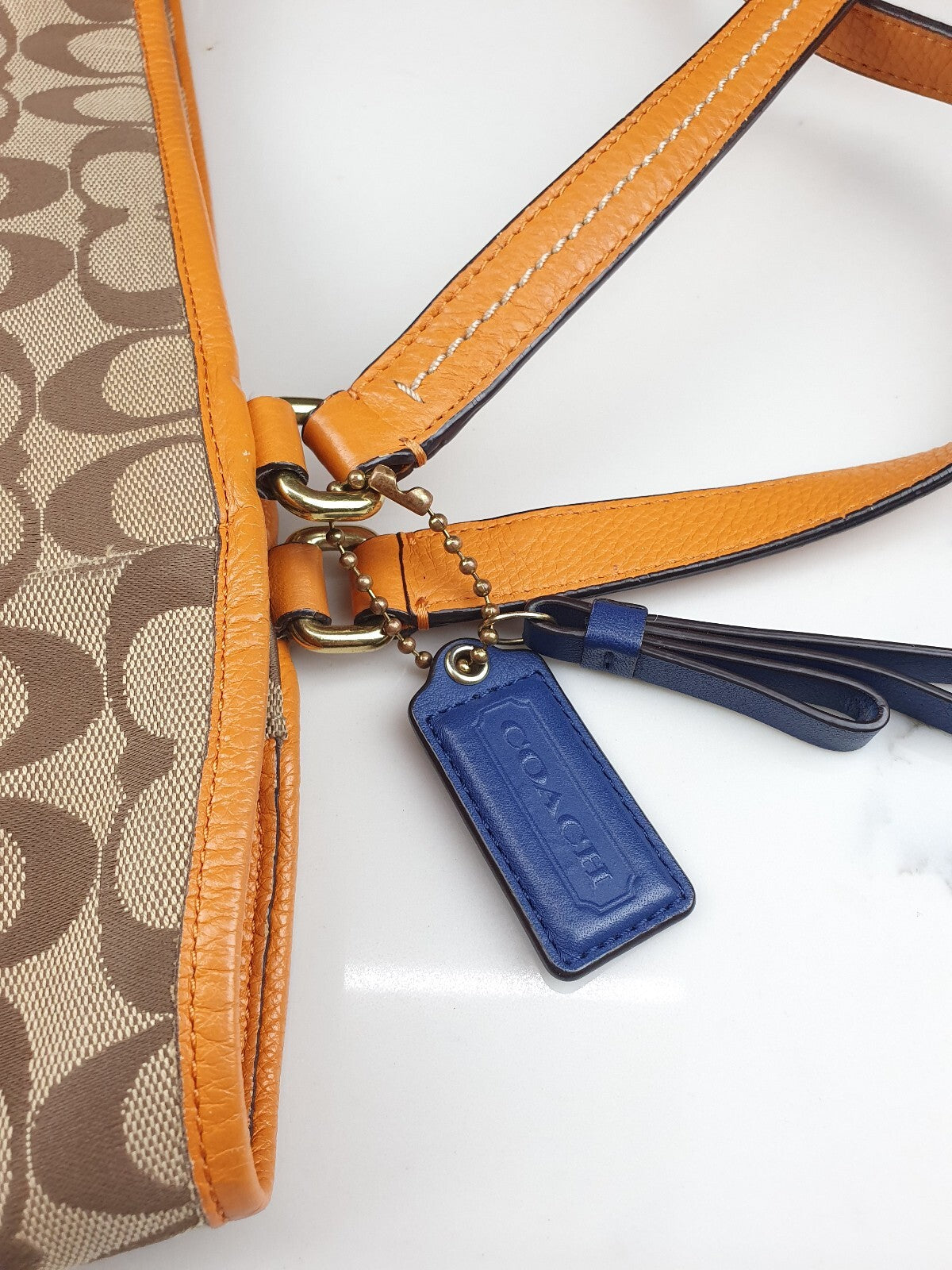 Coach Signature Canvas and Genuine Leather Tote Bag in Tan and Orange