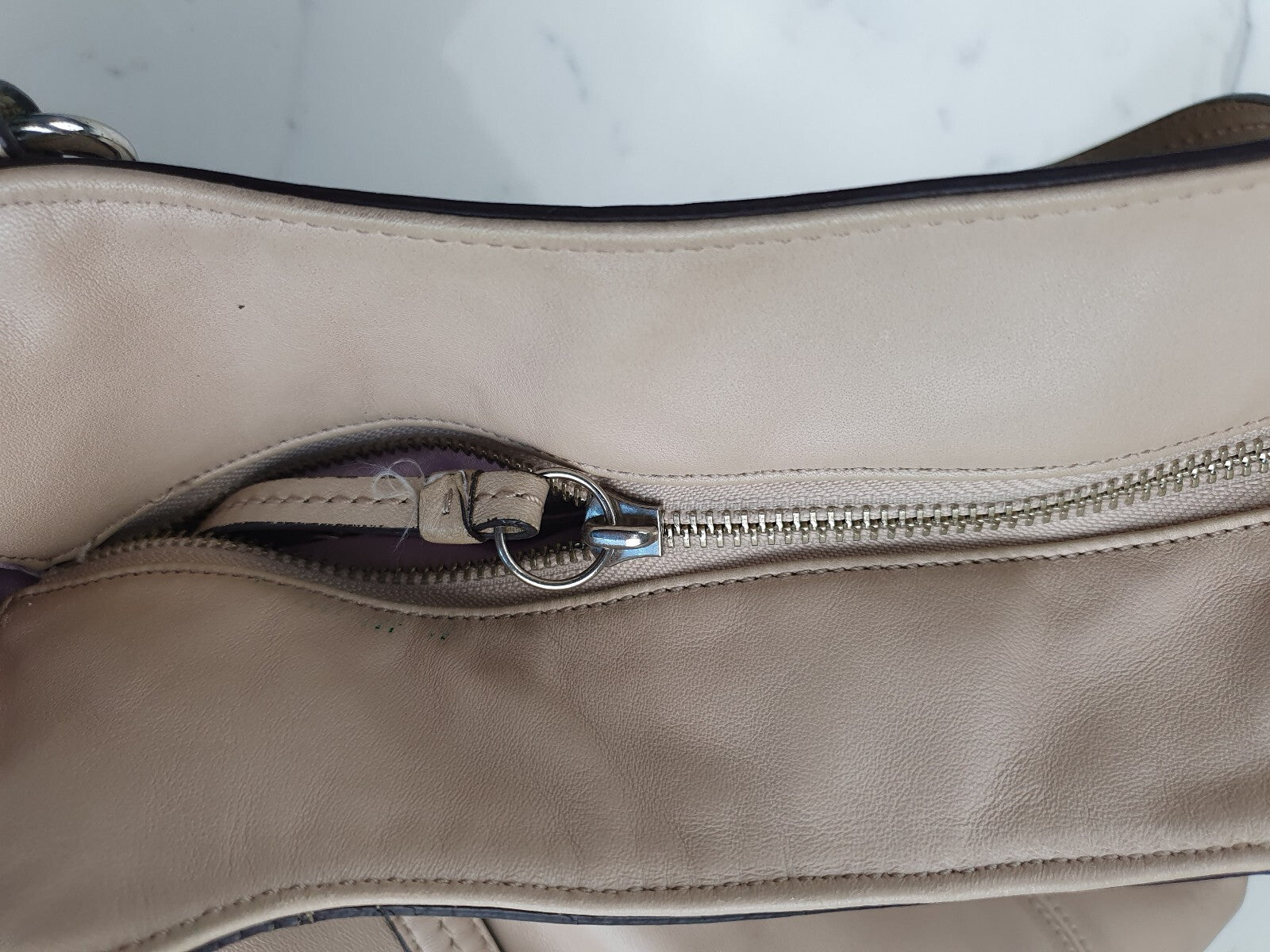 Coach Beige Leather Shoulder Bag with Silver Hardware