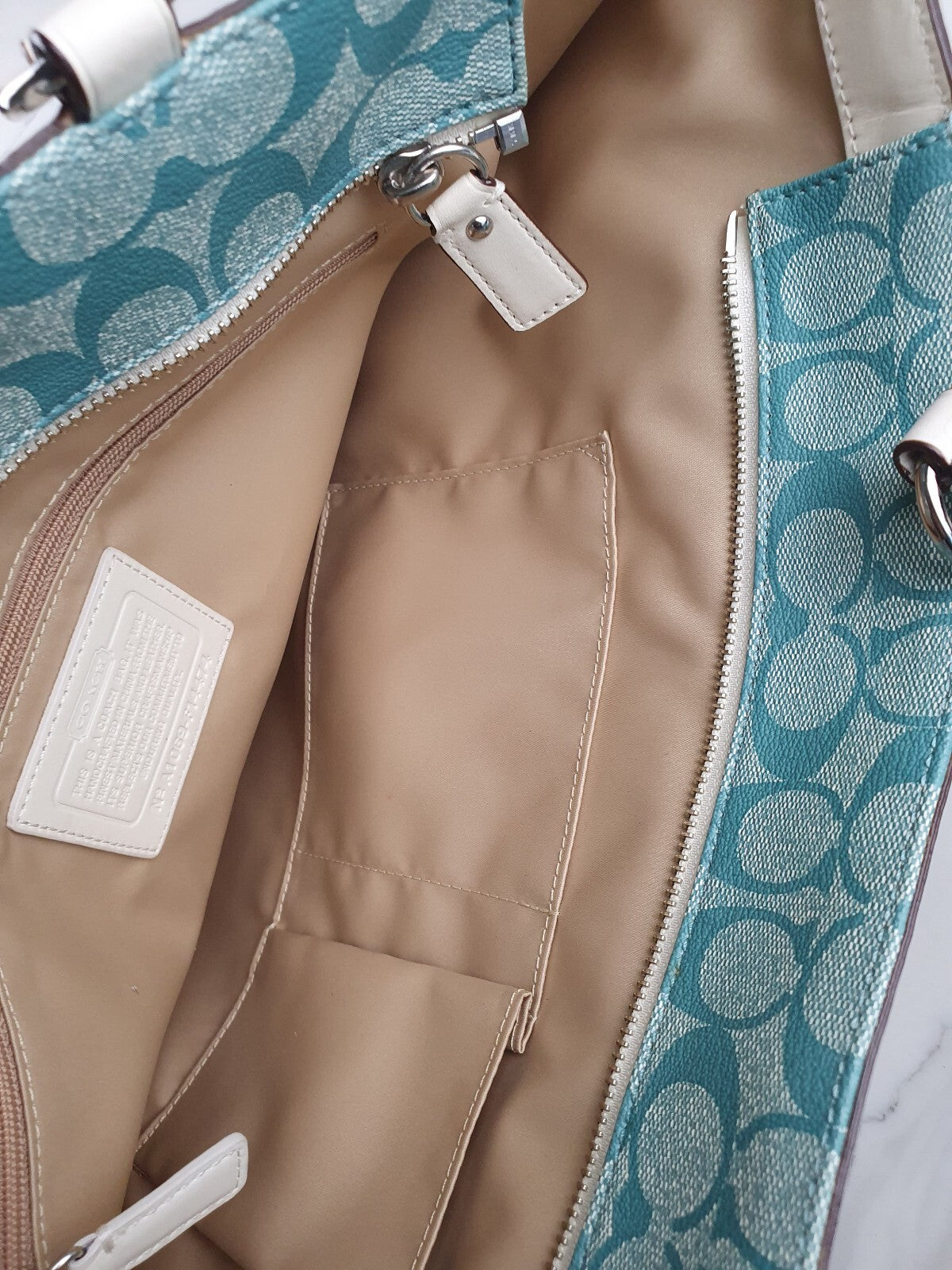 Coach Signature Canvas Tote Bag with Leather Trim in Blue and White